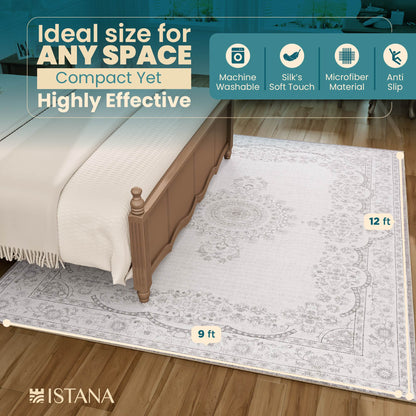 Istana Boho Area Rug - Grey Carpet - Foldable 9x12 Washable Rug