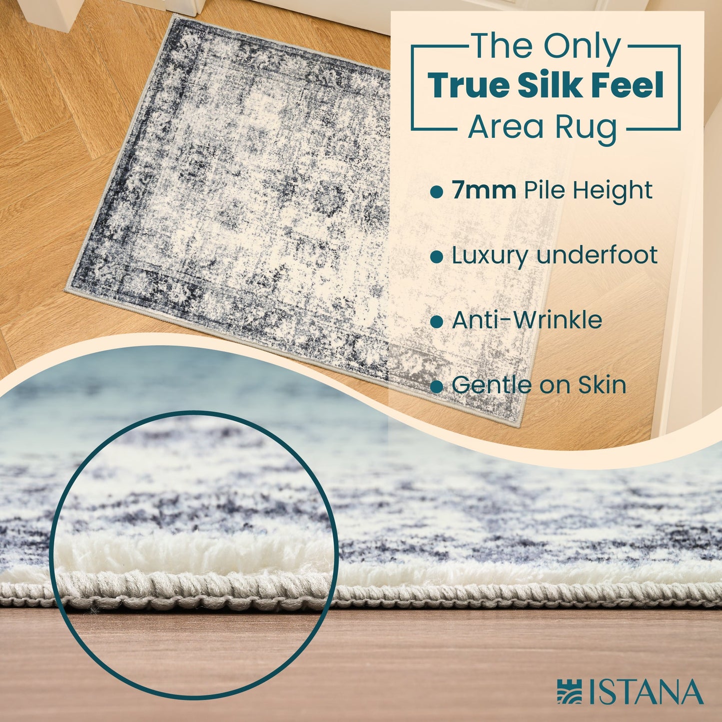 Istana Rug 2x3 - Navy Area Rugs - Foldable Rug for Bedroom Floor