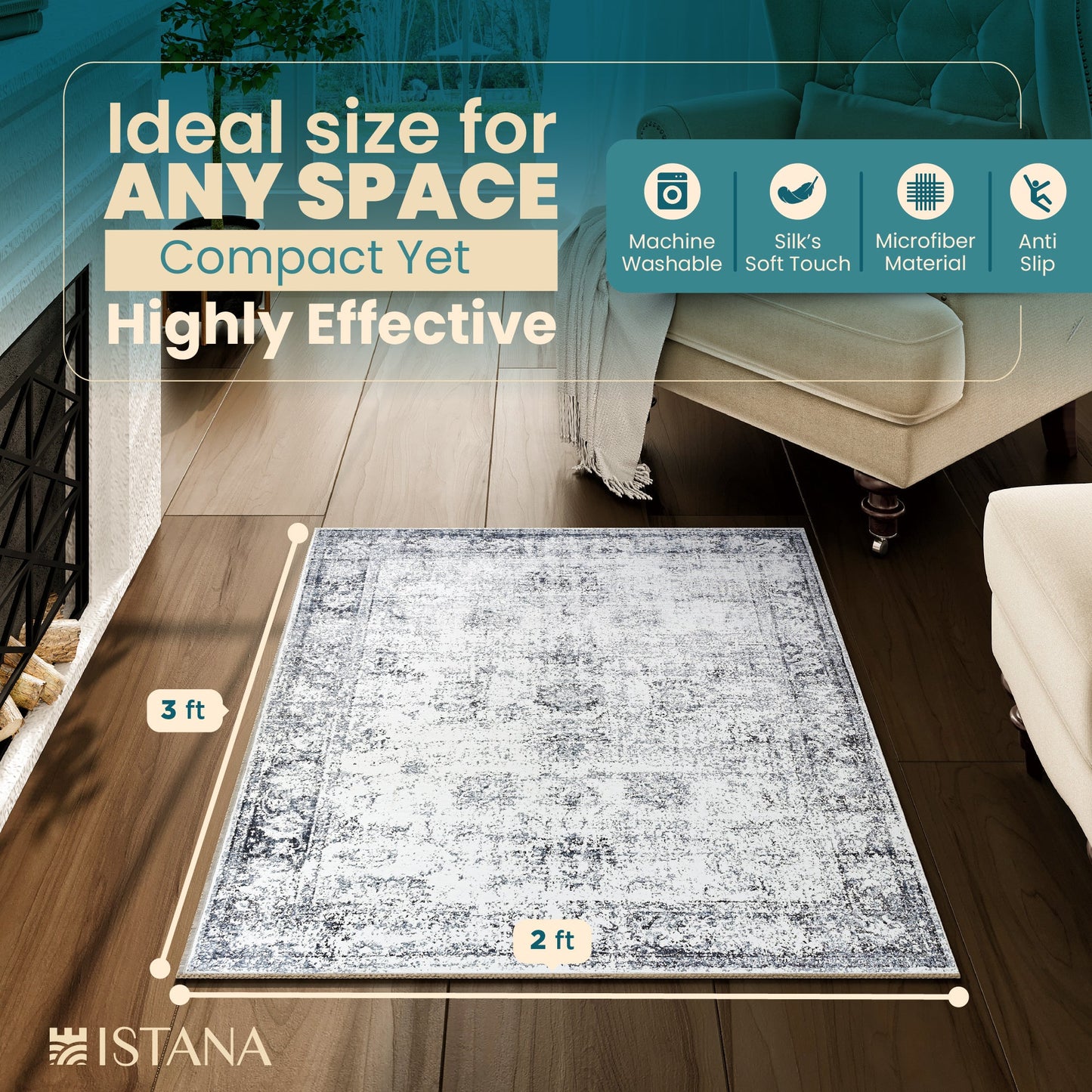 Istana Rug 2x3 - Navy Area Rugs - Foldable Rug for Bedroom Floor