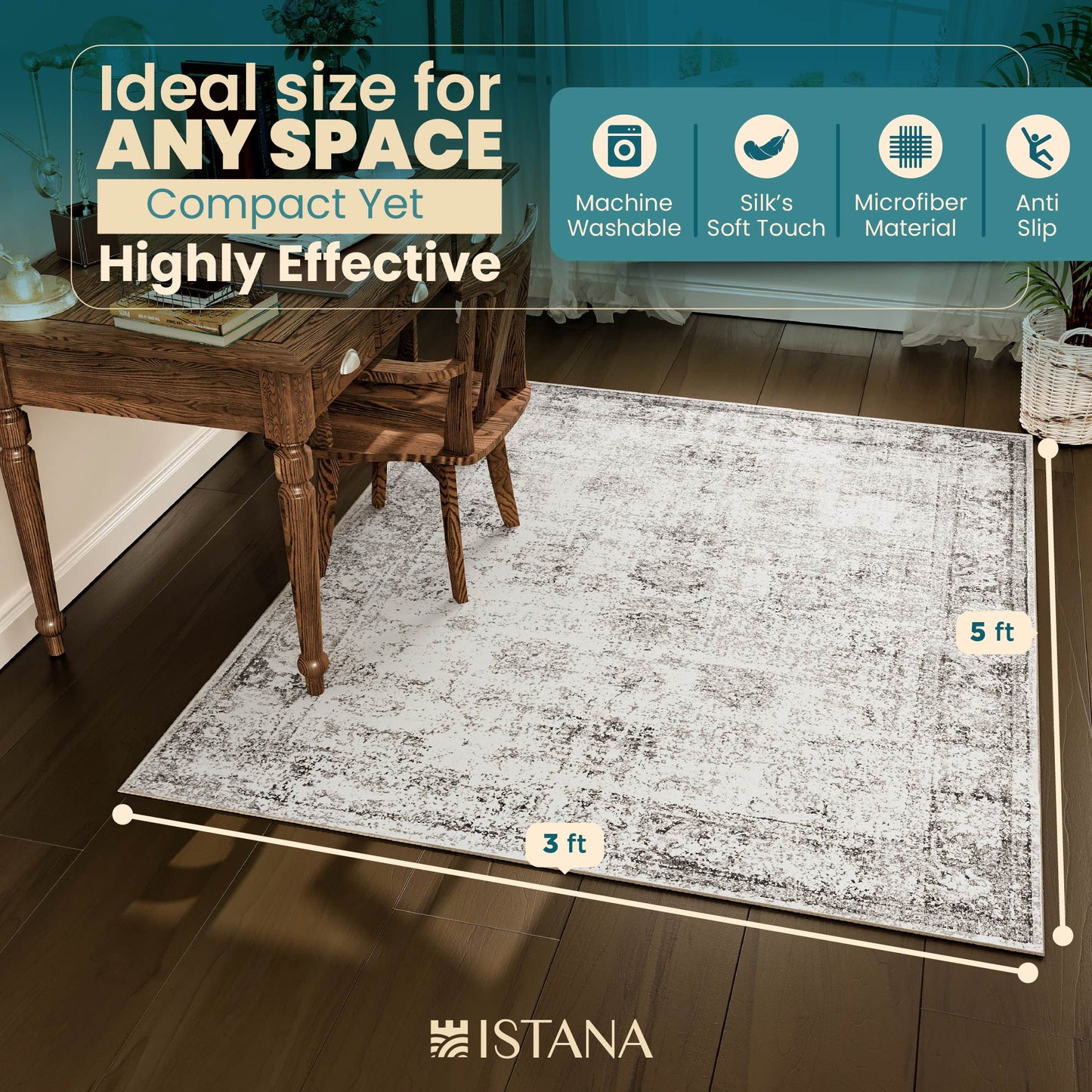 Istana Rugs 3x5 - Grey & Beige Area Rugs - Kid & Pet Friendly Washable Rugs 3x5