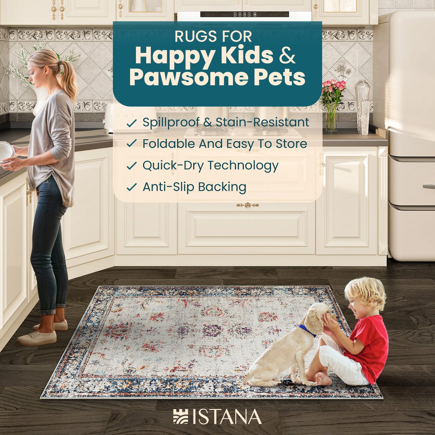 Istana Rugs 3x5 - Multi-Colored Area Rug 3x5 - Kid & Pet Friendly Washable Rugs 3x5