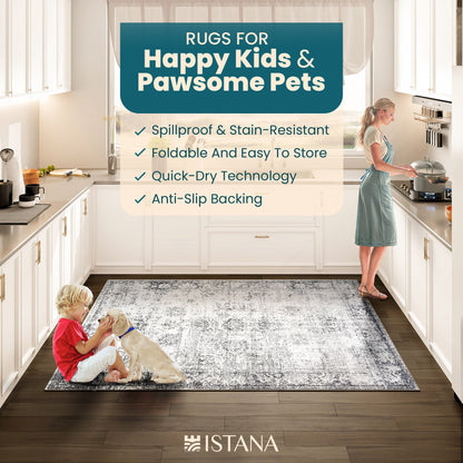 Istana Washable Rugs 5x7 - Navy Area Rug - Kid & Pet Friendly Washable Area Rugs 5x7