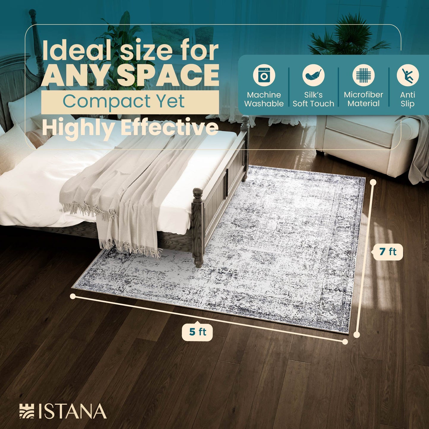 Istana Washable Rugs 5x7 - Navy Area Rug - Kid & Pet Friendly Washable Area Rugs 5x7