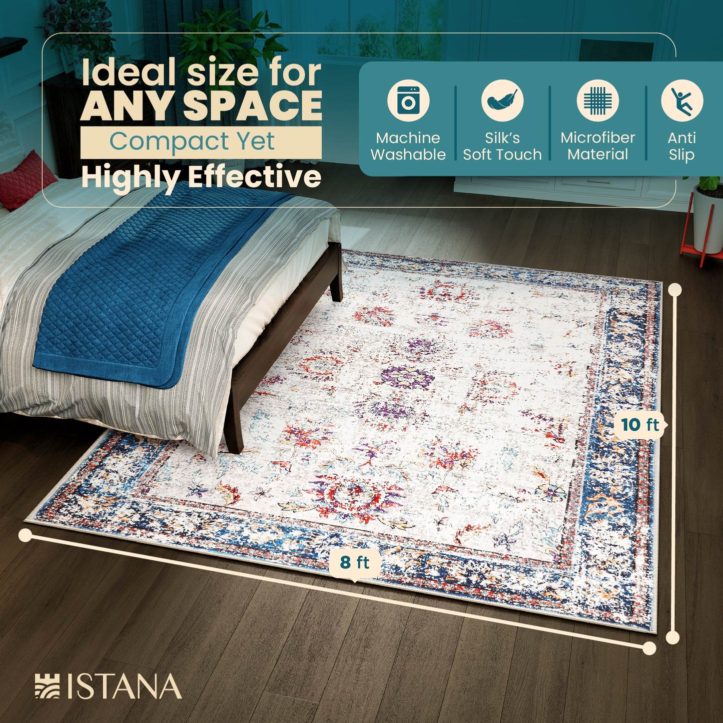 Istana Living Room Rugs 8x10 - Multi Colored Bedroom Rug 8x10 Under Bed - Foldable Rug for Living Room